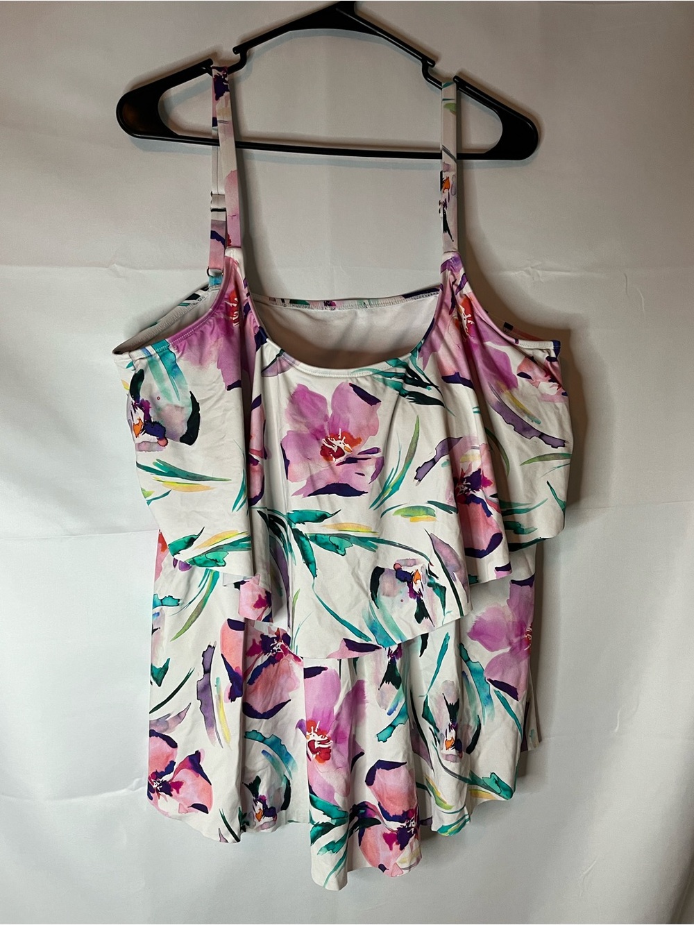 Liz Claiborne White Floral Ruffle Swim Tankini Top - Pink & Green